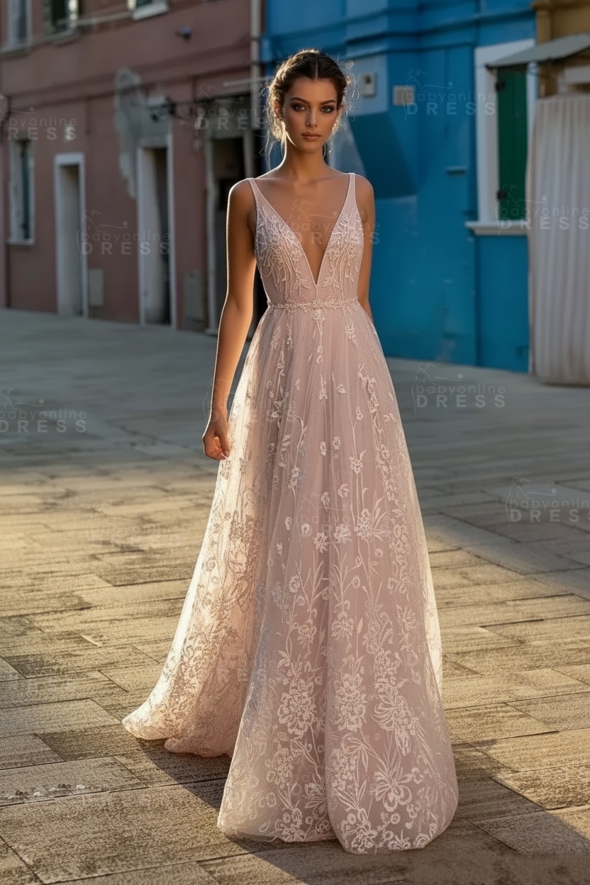 Chic Champagne V-neck Sleeveless Long Lace High waist Wedding Dress