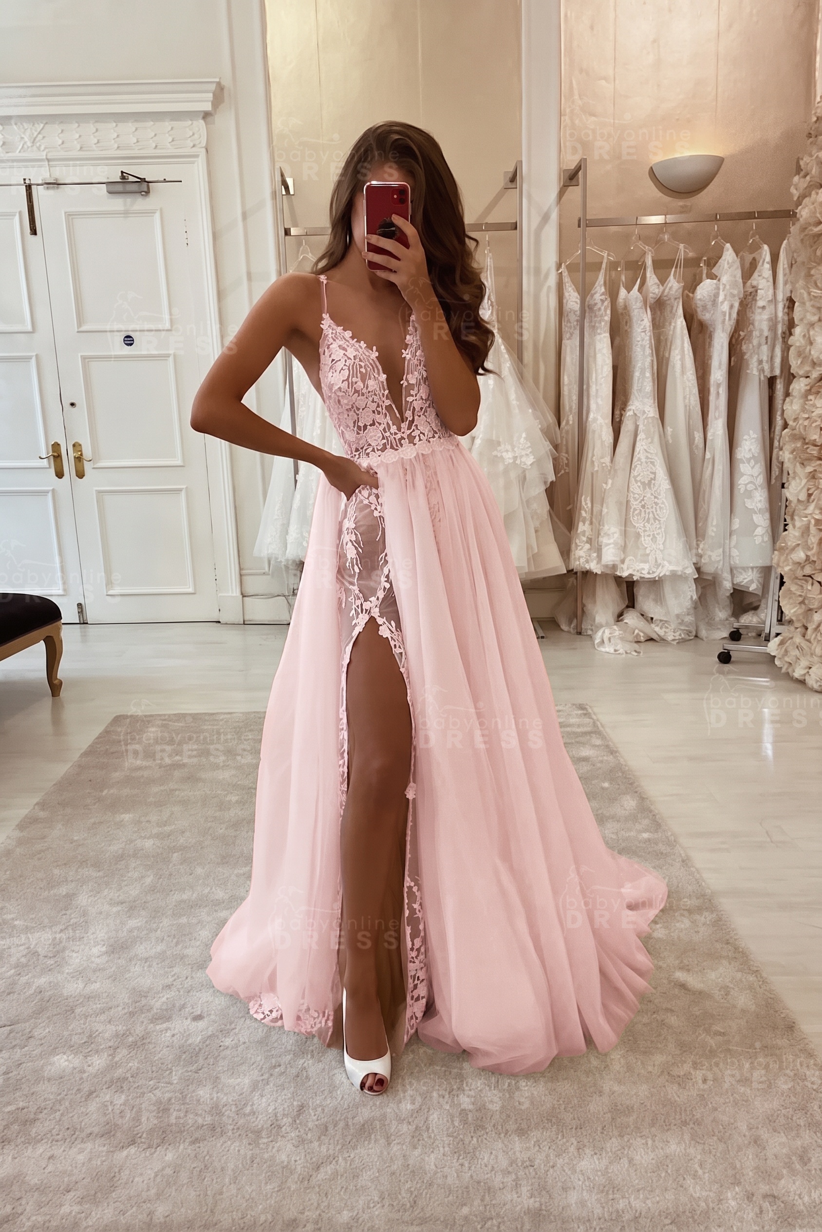 Sexy Spaghetti Straps Lace A-Line Beach Wedding Dress with High Split