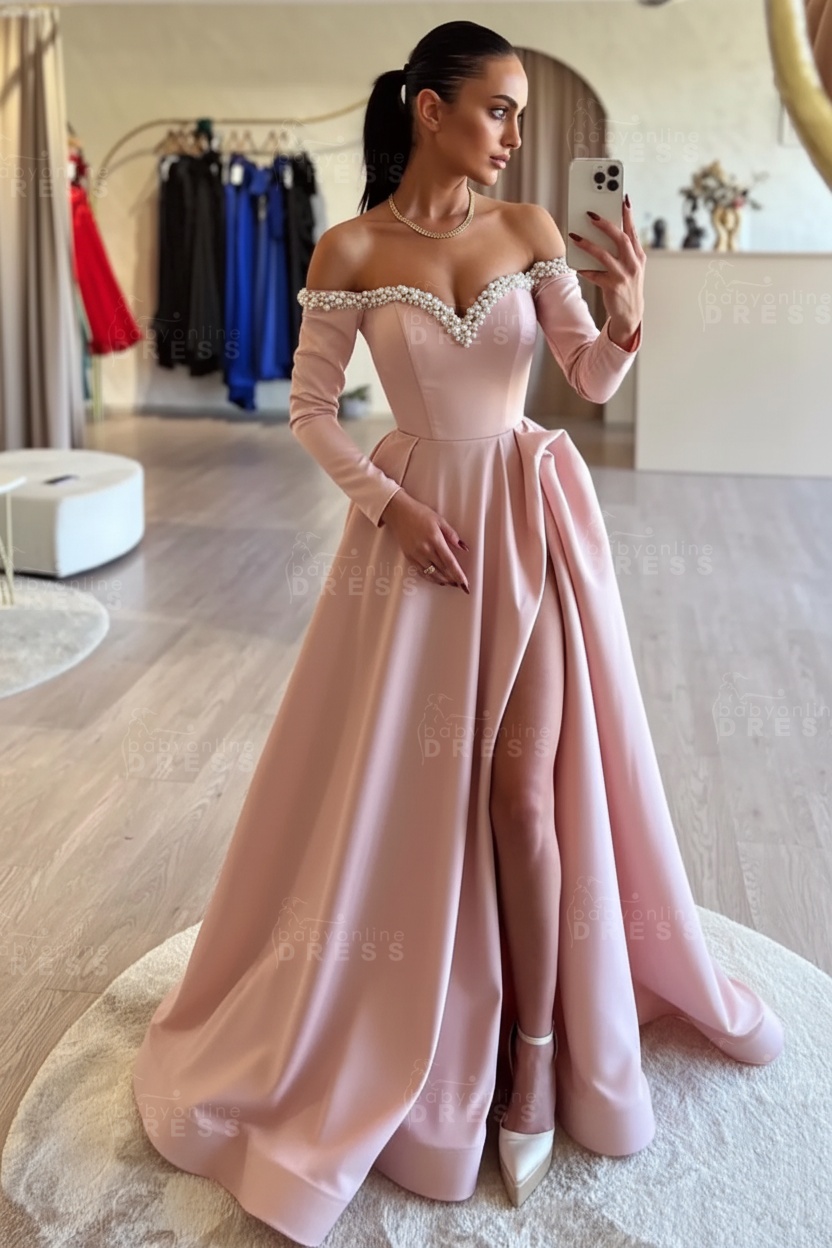 Long sleeves Pearls A-line Princess Front Split Black Prom Dresses