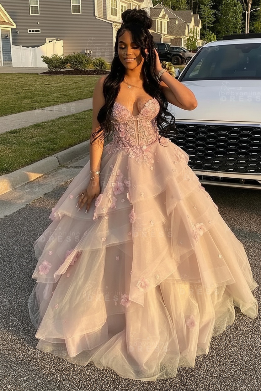 Sleeveless V-Neck Tulle Aline Prom Dress Floral Tiered Ruffles Corset Evening Dress