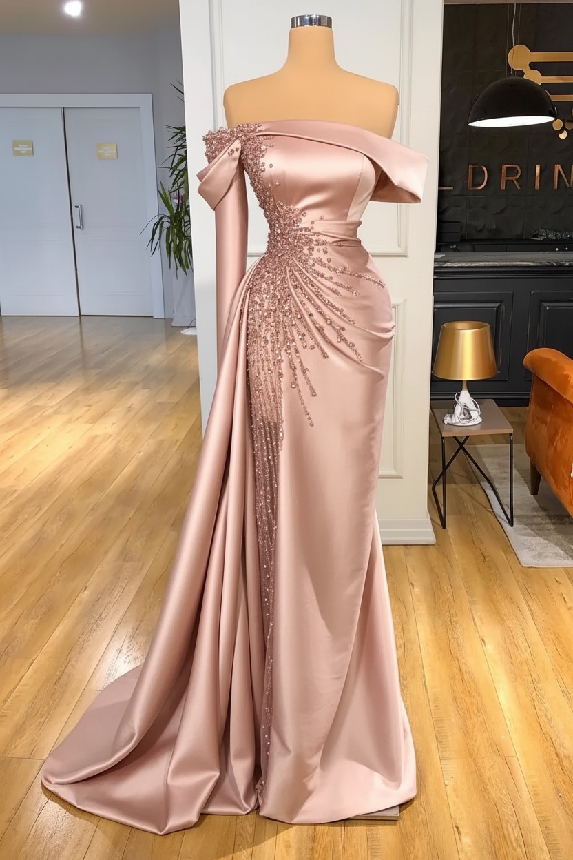 Off-the-Shoulder Satin Floor Length Prom Dress with Side Slit