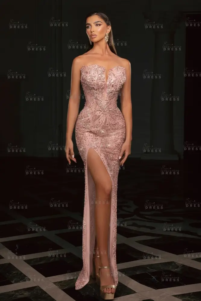 Gold Strapless Sequins Beading Split Front Column Prom Dresses