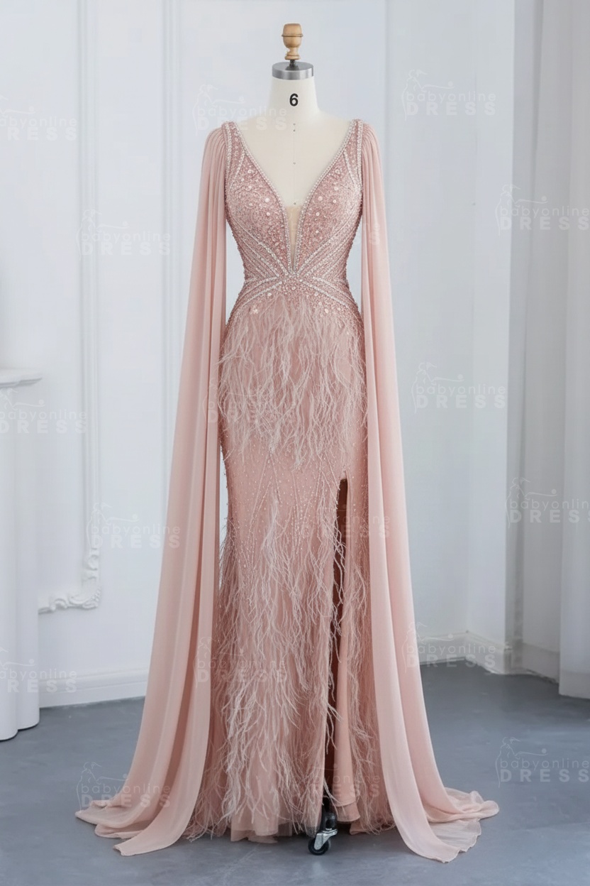 Glamorous V-Neck Fur Beadings Front Slit Mermaid Evening Gowns with Tulle with Cape Sleeves Wedding Party Dress