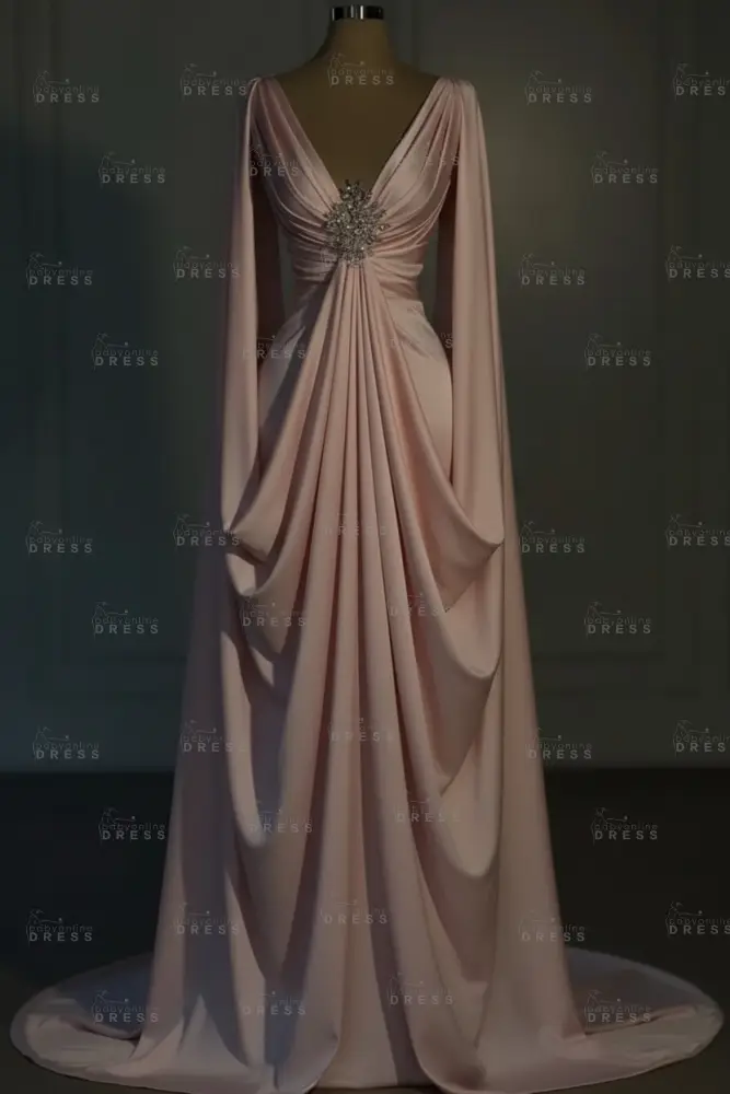 Long sleeves V-neck Satin Ruffles Mermaid Prom Dresses Floor-Length