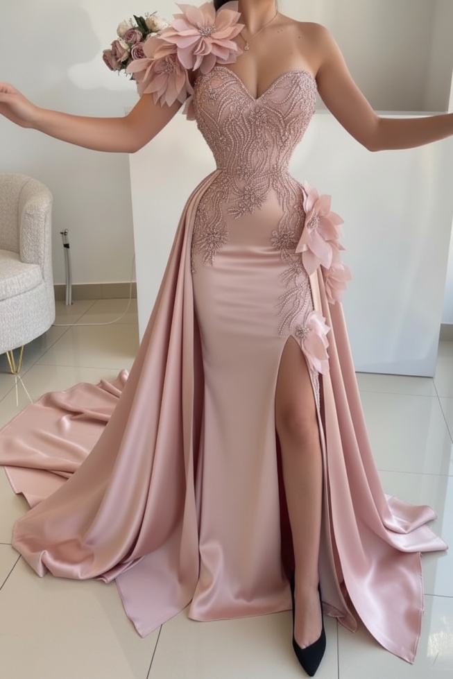 Flowers One shoulder Mermaid Long Prom Dresses with High Split