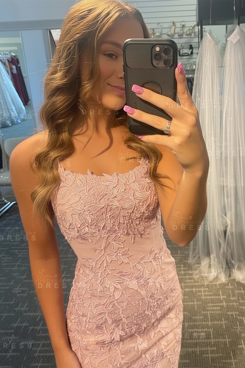 Lilac Spaghetti Straps Lace-up Short Homecoming Dress with Appliques