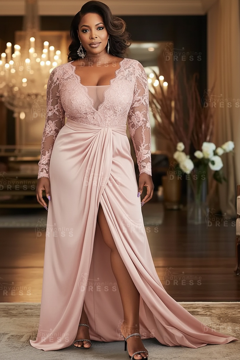 V-neck Appliques Lace Long Sleeve A-Line Prom Dresses with Slit