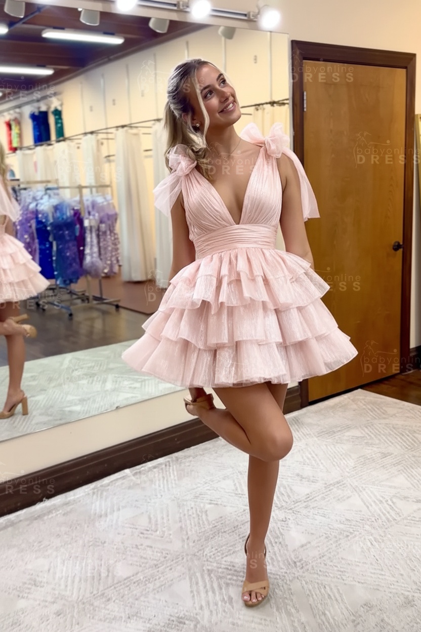 Fuchsia V-Neck Straps Ruffled A-Line Short Homecoming Dress