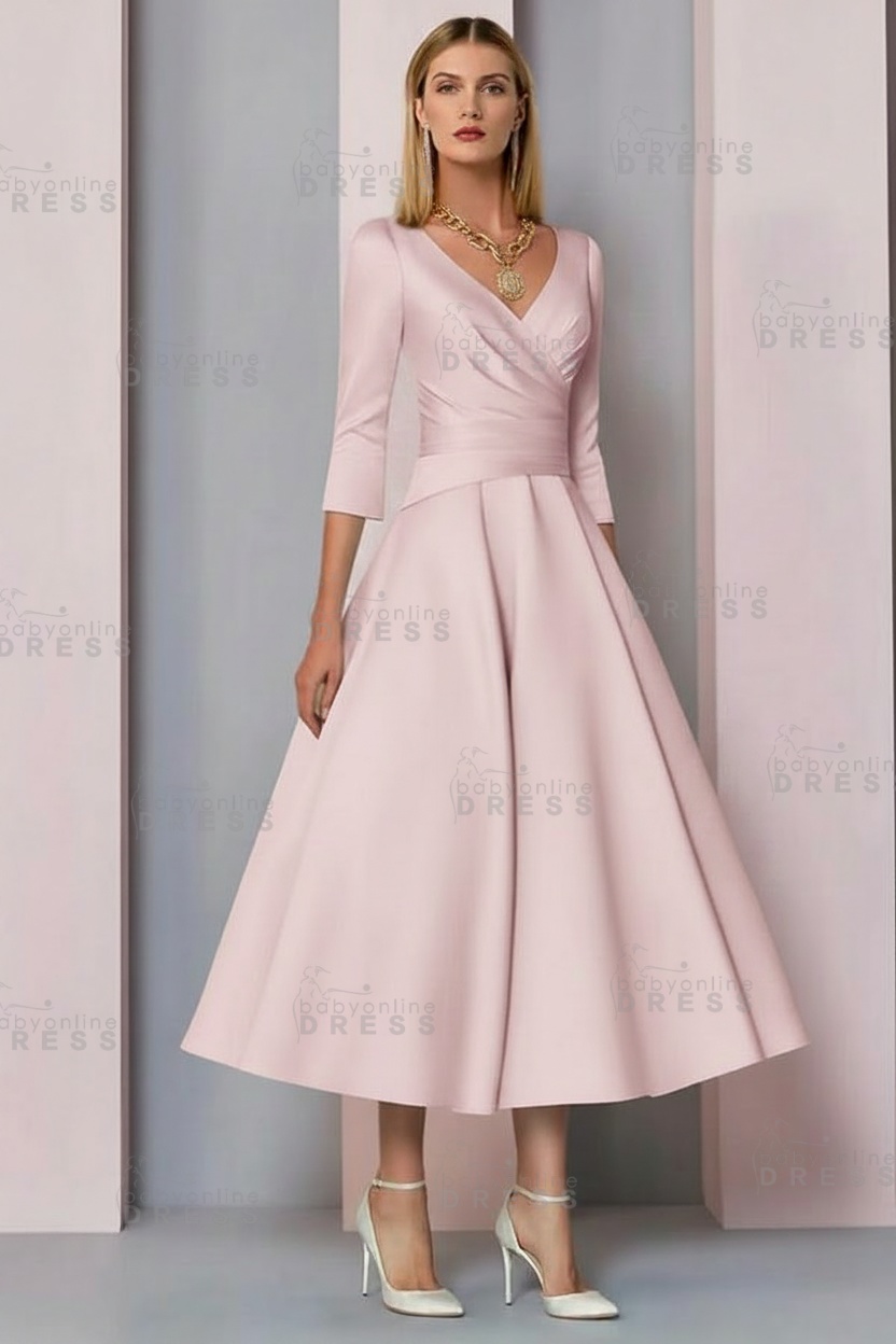 Half Sleeves White Ankle Length Mother of the Bride Dress V-Neck Satin Wedding Guest Dress
