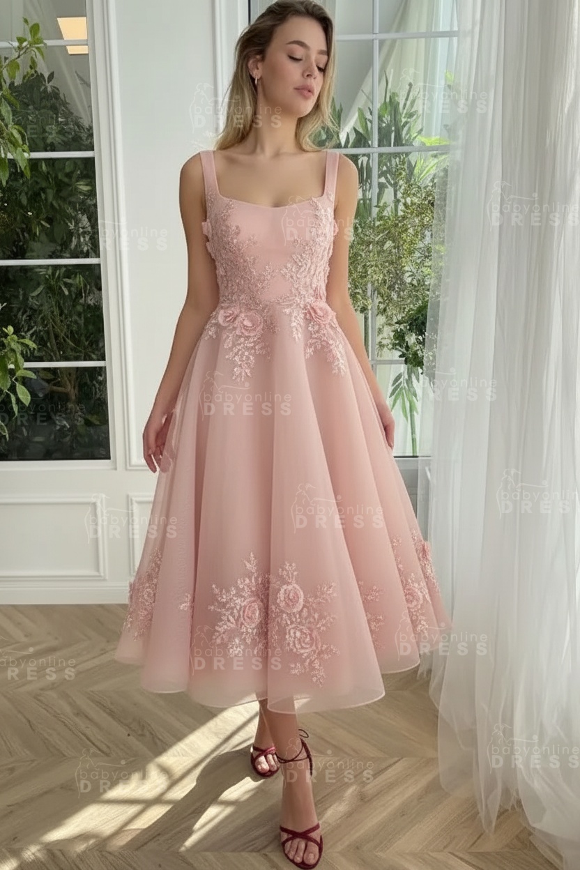 Burgundy Ankle length square neck Homecoming Dress Tulle Aline Formal Dress