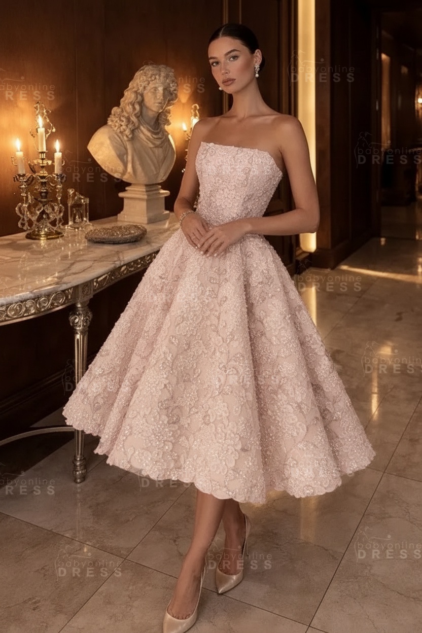 Strapless Yellow Floral A-Line Tea Length Prom Dress with Beadings