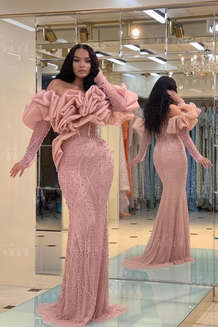 Bubble Sleeves Long Mermaid Prom Dress with Sequins and Beadings