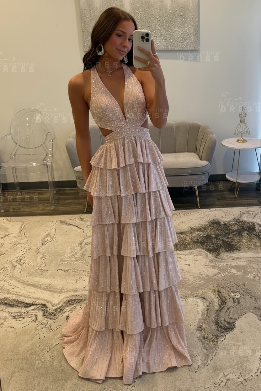 Halter Aline Prom Dress Sequined V-Neck High Split Evening Dress Long