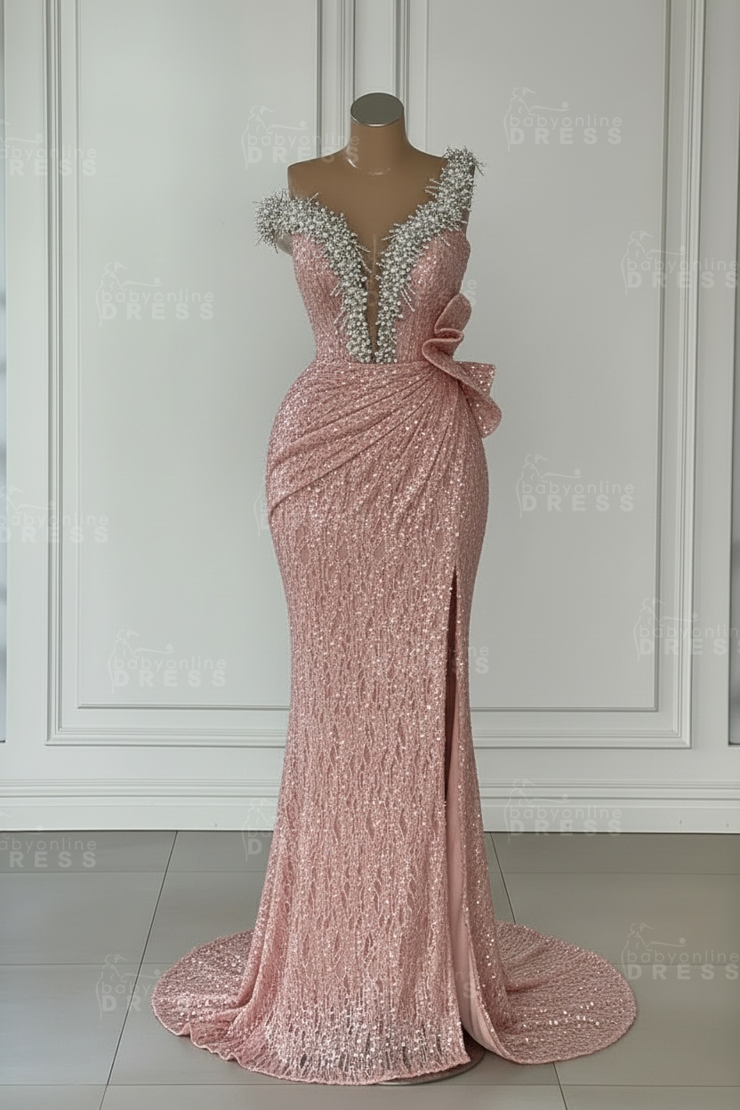 One Shoulder Sequins Sleeveless Long Mermaid Prom Dress