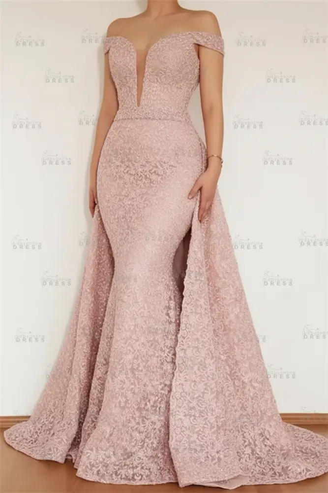 Burgundy Glamorous Mermaid Off The Shoulder Lace Appliques Prom Dress With Detachable Skirt