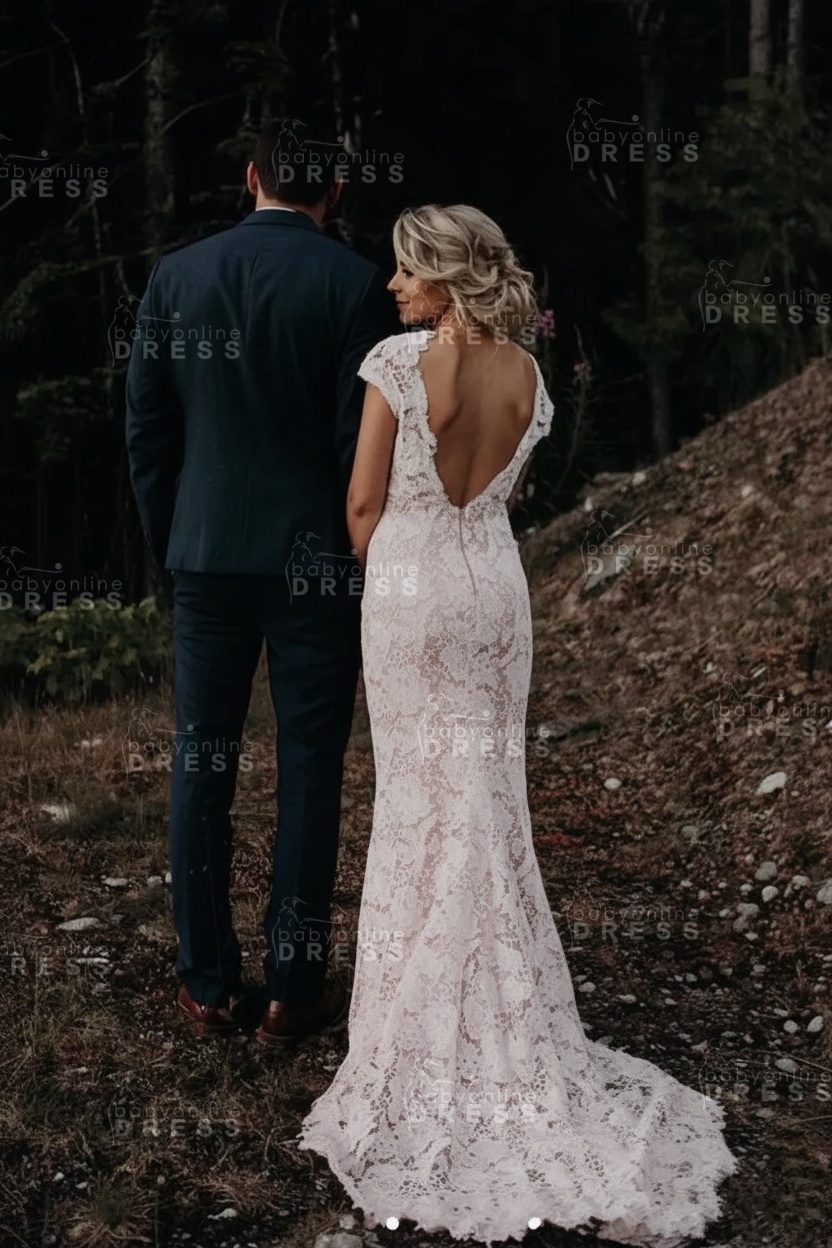 Cap sleeves Sexy Backless Lace Ivory Court Train Boho Wedding Dress