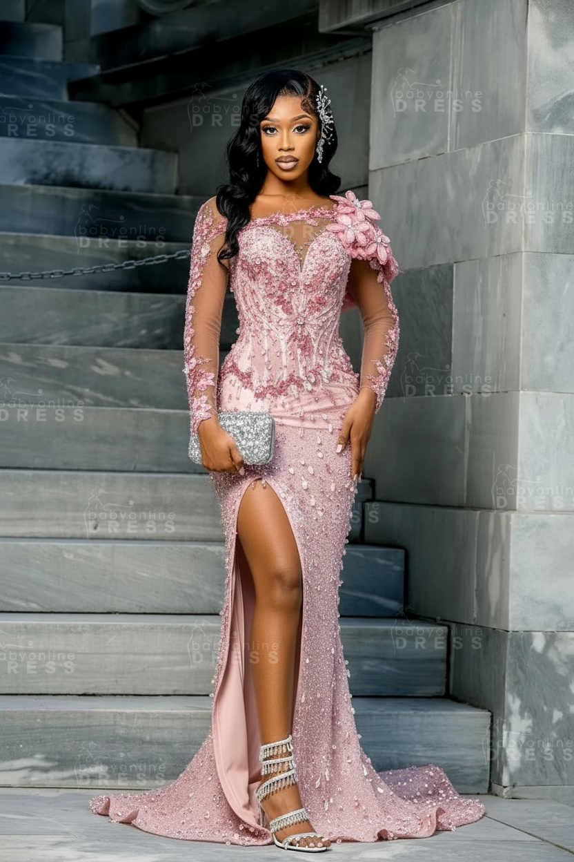Sparkly Sky Blue Mermaid Prom Dress Beadings Long Sleeves Evening Gown Flowers with High Slit