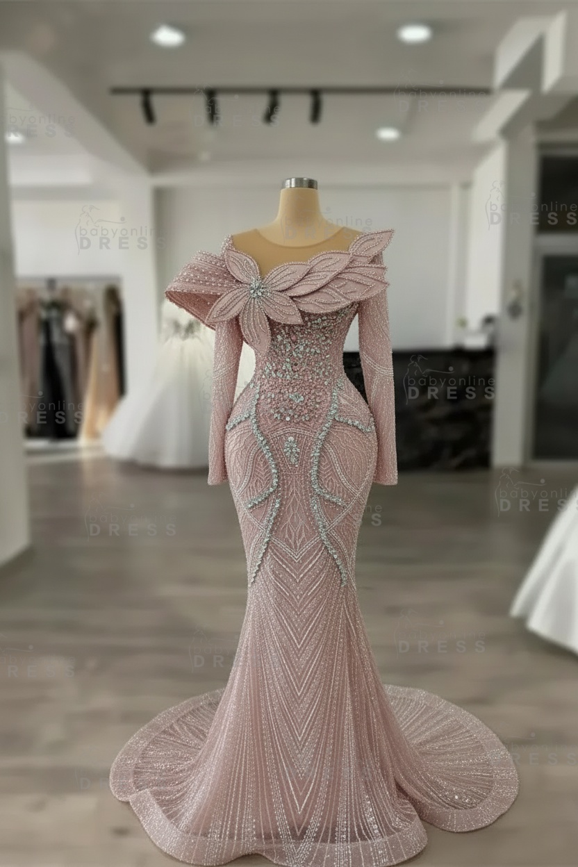 Luxury Crystals Long Sleeves Floor-Length Mermaid Prom Dress with Flowers 