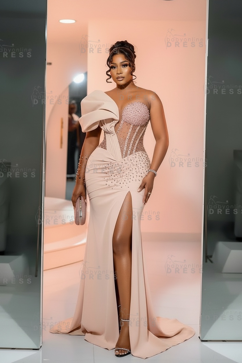 One-Shoulder Long Sleeves Corset Beadings Mermaid Prom Dress with High Split