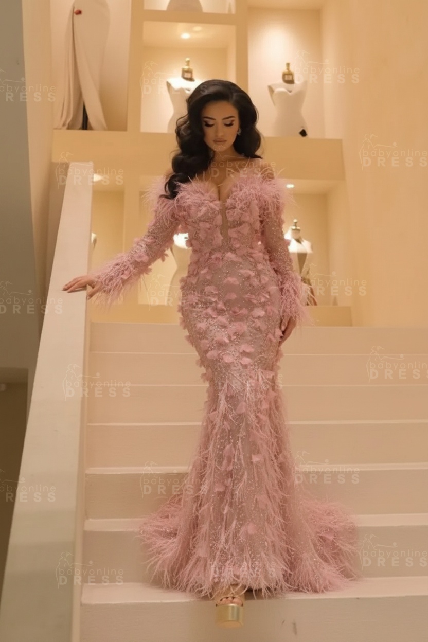 V-neck Long Sleeves Mermaid Evening Dresses Floor Length with Flowers