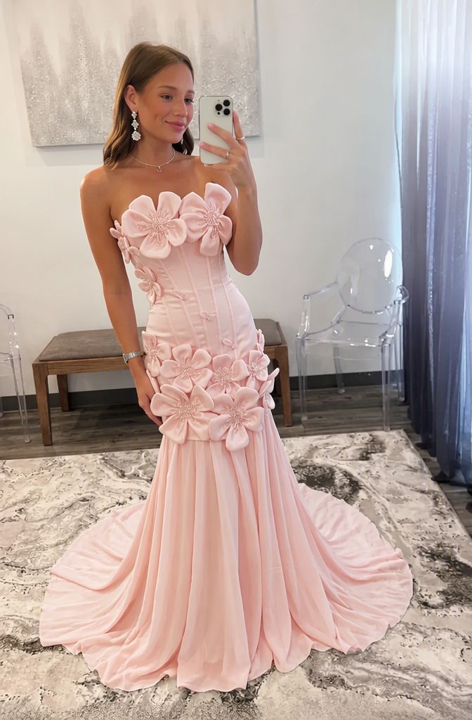 Blushing Pink Satin Bodycon Prom Dress with 3D Floral Appliques