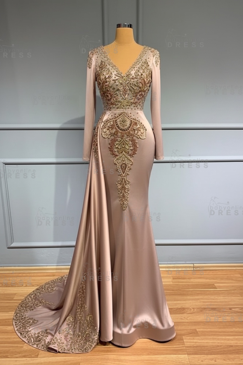 Glamorous V-Neck Long Sleeves Mermaid Prom Dress with Crystals