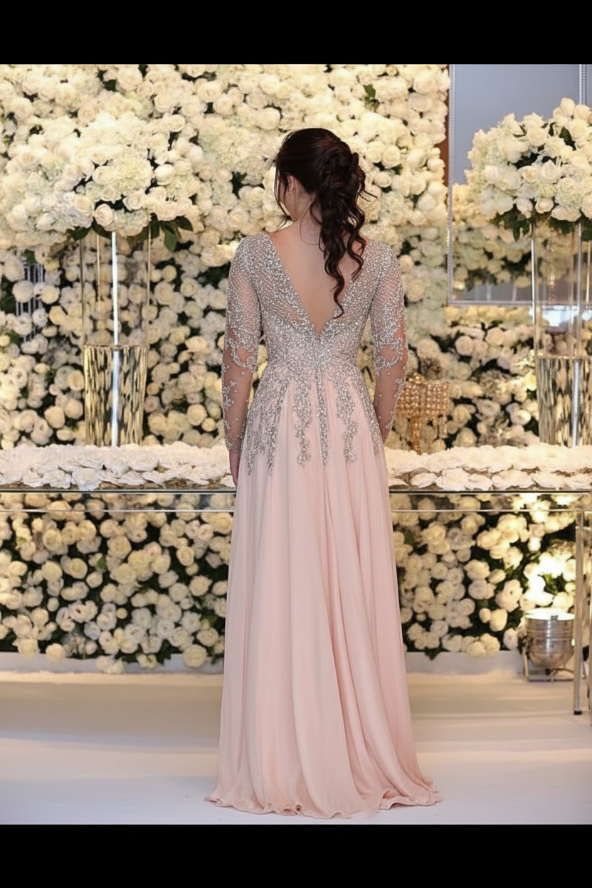 Charming Long Sleeve Prom Dress Chiffon Beadings Mother of Bride Dress