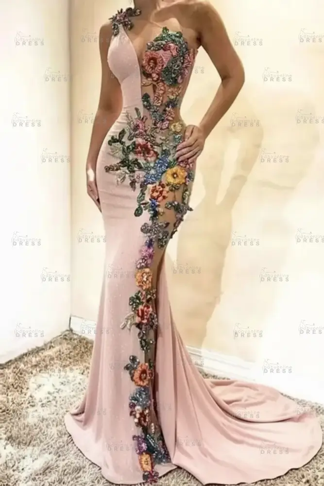 Amazing One-Shoulder Floral Pattern Beadings Floor-Length Mermaid Prom Dress 