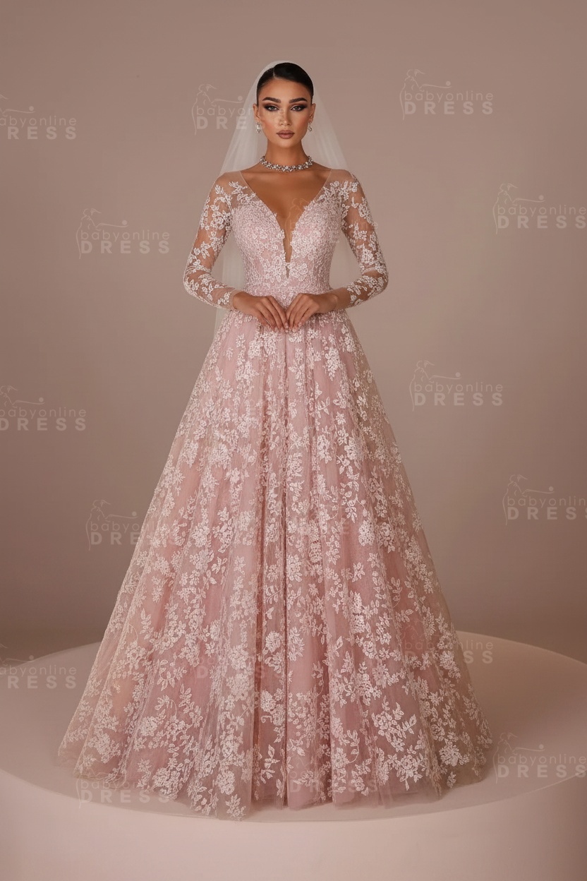 V-neck Tulle Appliques Lace A-Line Wedding Dresses Long Sleeves