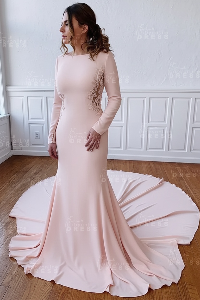 Elegant White Long Sleeves Satin Floor Length Wedding Dress with Lace Appliques
