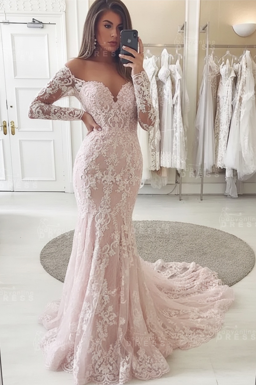 Charming Lace Appliques Mermaid Wedding Gown Long Sleeve Sweetheart Bridal Dress
