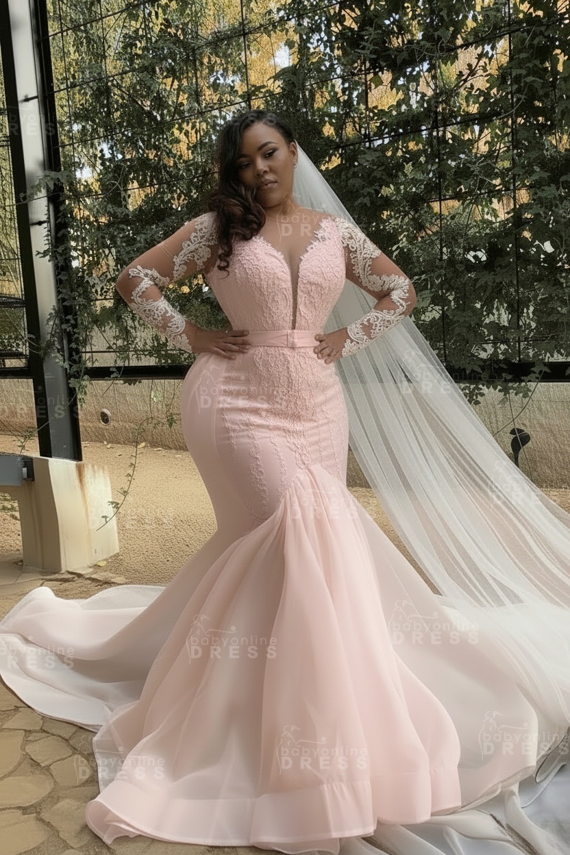 White Long sleeves Plus size Mermaid Belt Wedding Dresses