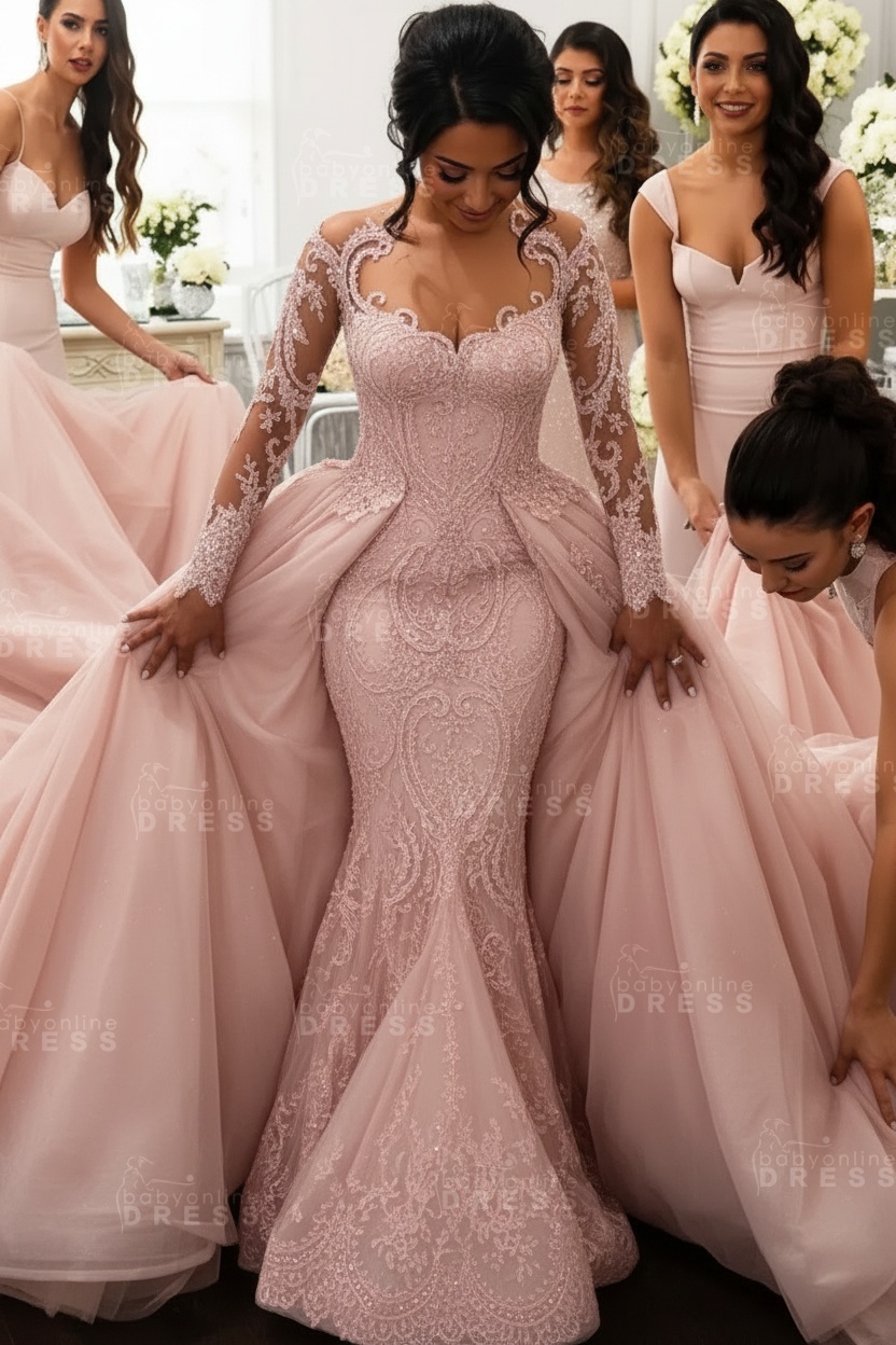 Gorgeous Long Sleeves Sheath Wedding Dresses | Lace Appliques Bridal Gowns with Detachable Train