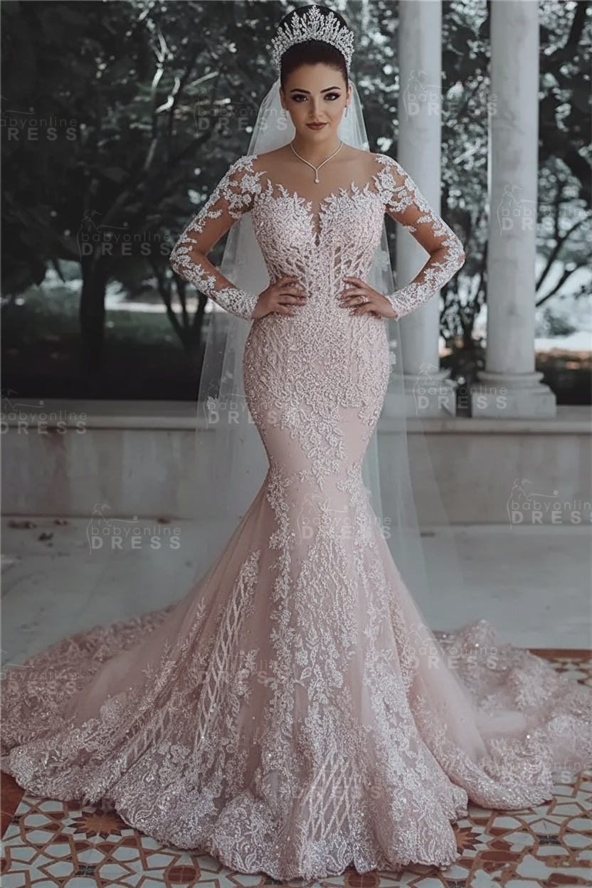 Luxury Beaded Lace Mermaid Wedding Dresses with Sleeves | Sheer Tulle Appliques Bride Dresses