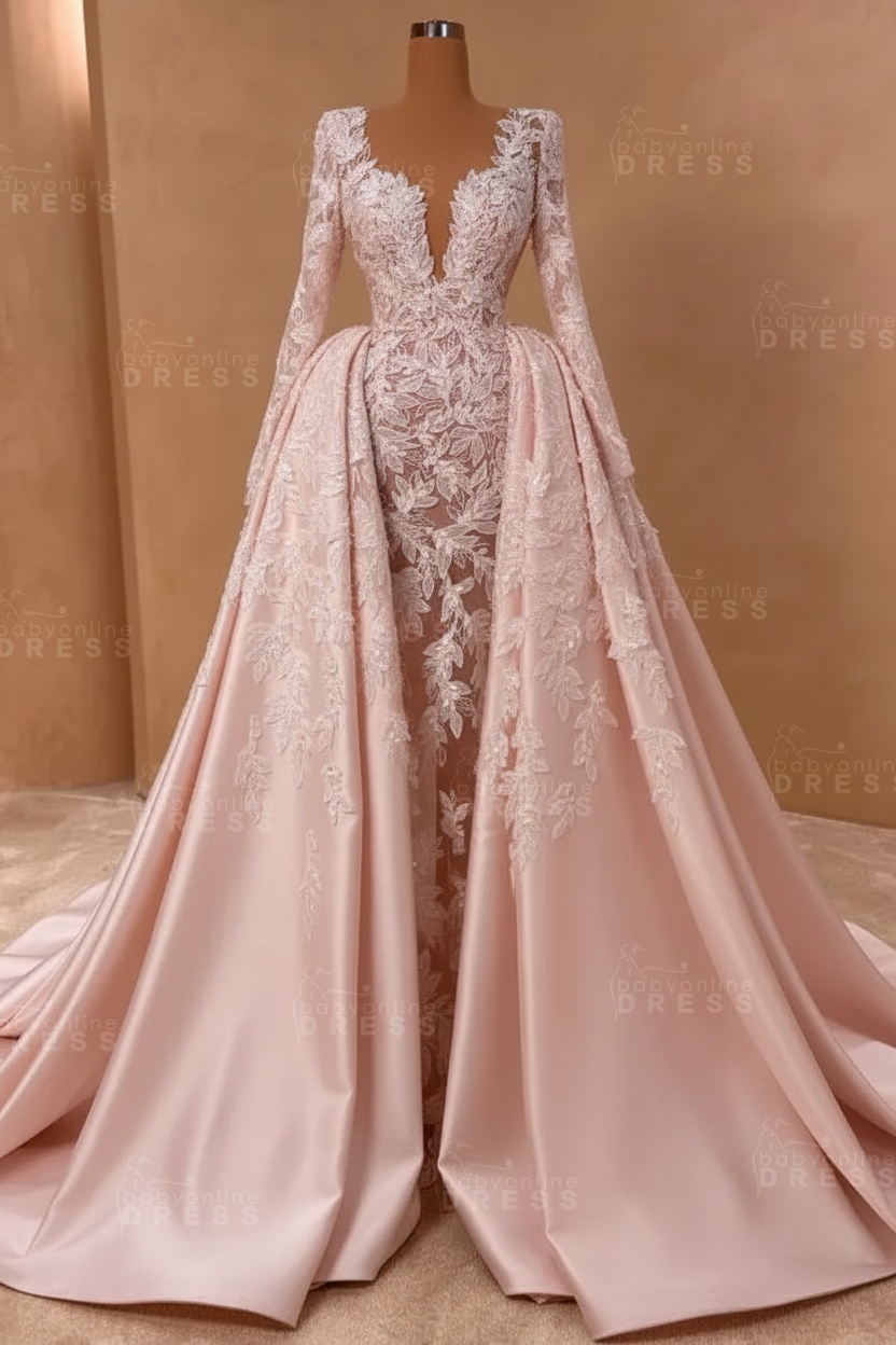 Gorgeous V-neck Trumpet Bridal Gown with Detachable Sweep Train Long Sleeves Floral Wedding Dress