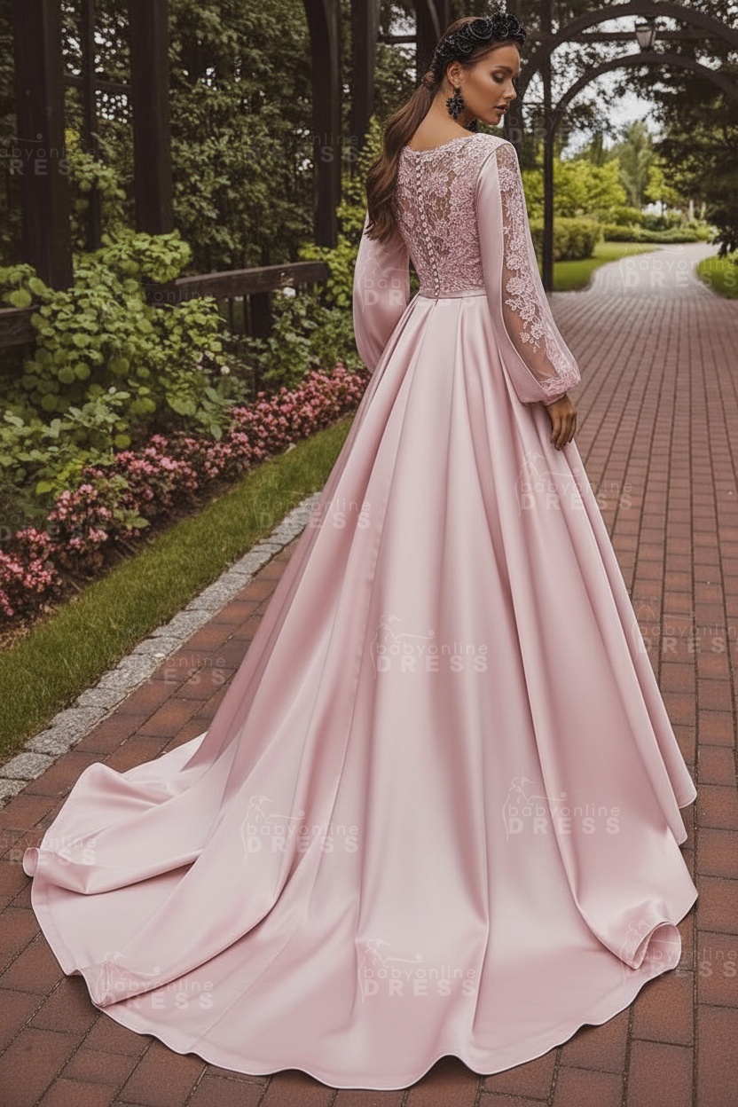 Deluxe Floor-Length Jewel Neck Long Sleeves A-Line Satin Wedding Dresses