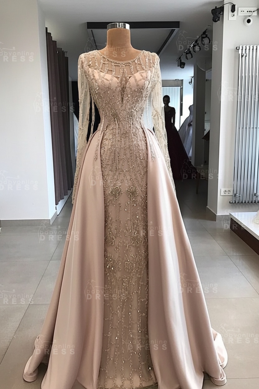 Shining Beaded Long Sleeves Round Neck Prom Dresses With Over Skirt | A Line Evening Gowns