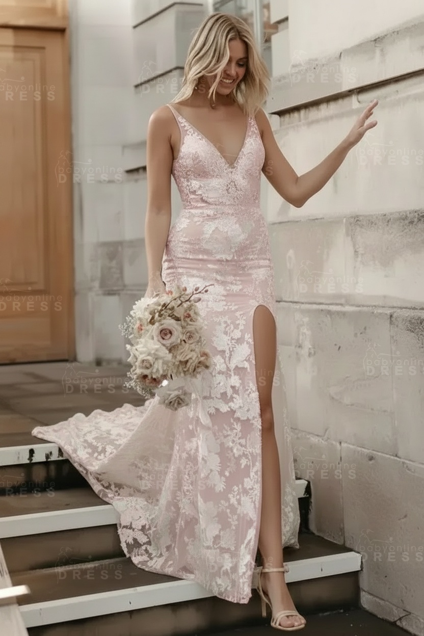 Chic Floral Lace Mermaid Wedding Dress Sleeveless V-Neck Side Slit Bridal Dress