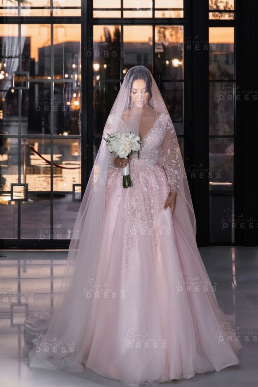 Long sleeves V-neck Princess Ivory Wedding Dresses
