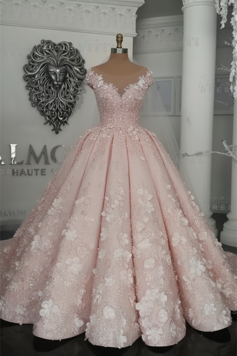 Luxury Sleeveless Crystal Ball Gown Wedding Dresses | Sheer Tulle Flowers Bridal Gowns with Beading