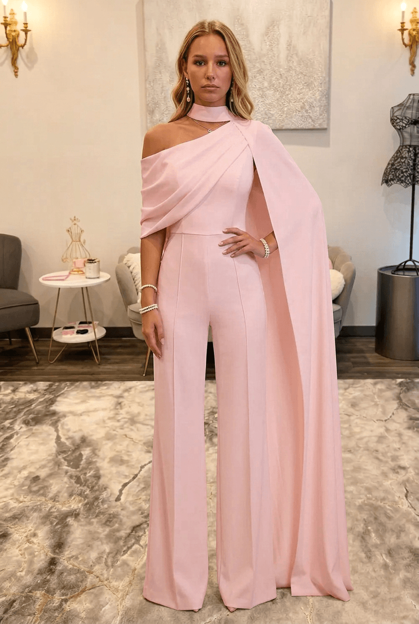 Blushing Pink Asymmetric Neck One-Shoulder Bridal Formal Jumpsuit with Sash