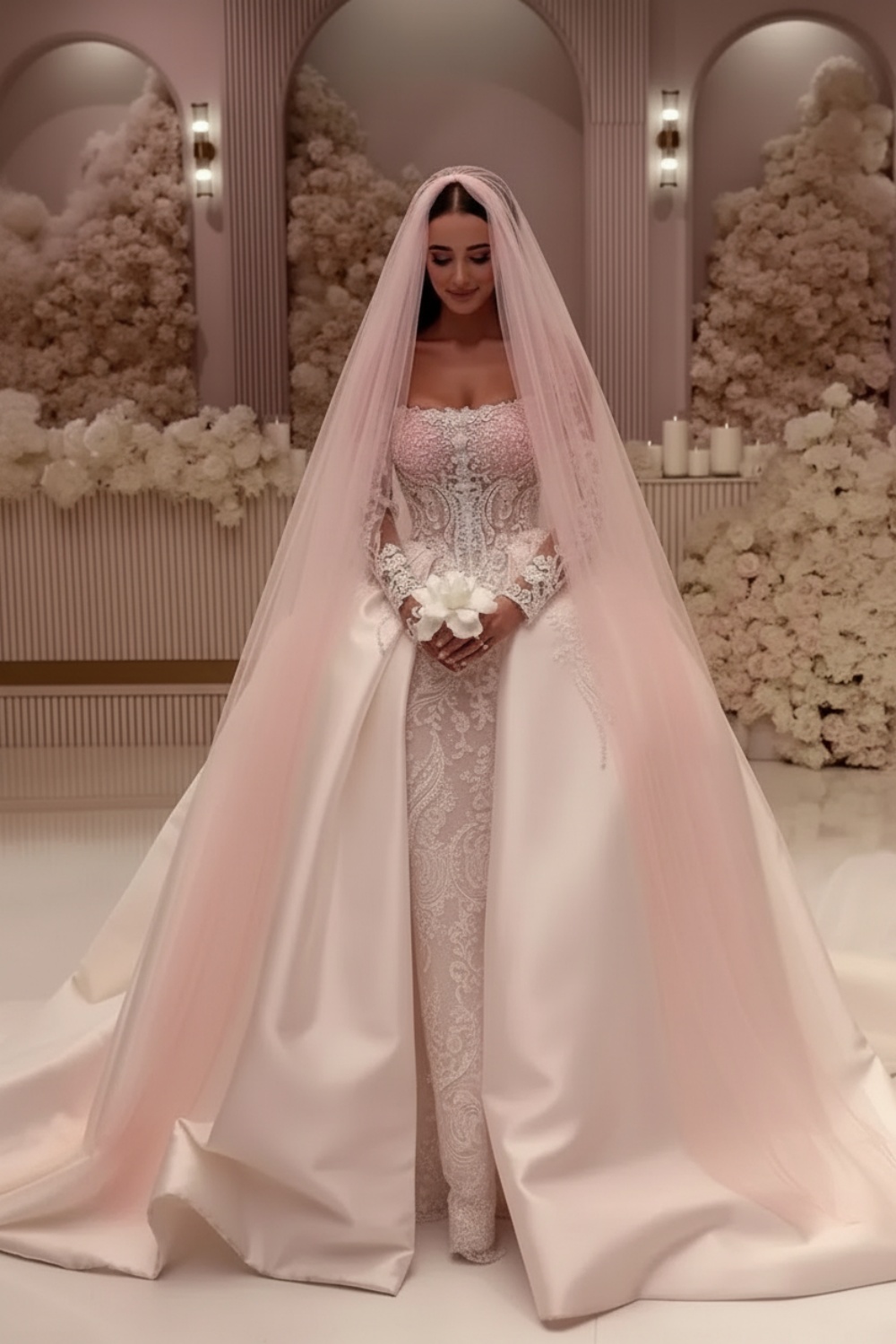 Exquisite Ball Gown Strapless Satin Lace Wedding Dresses with Train