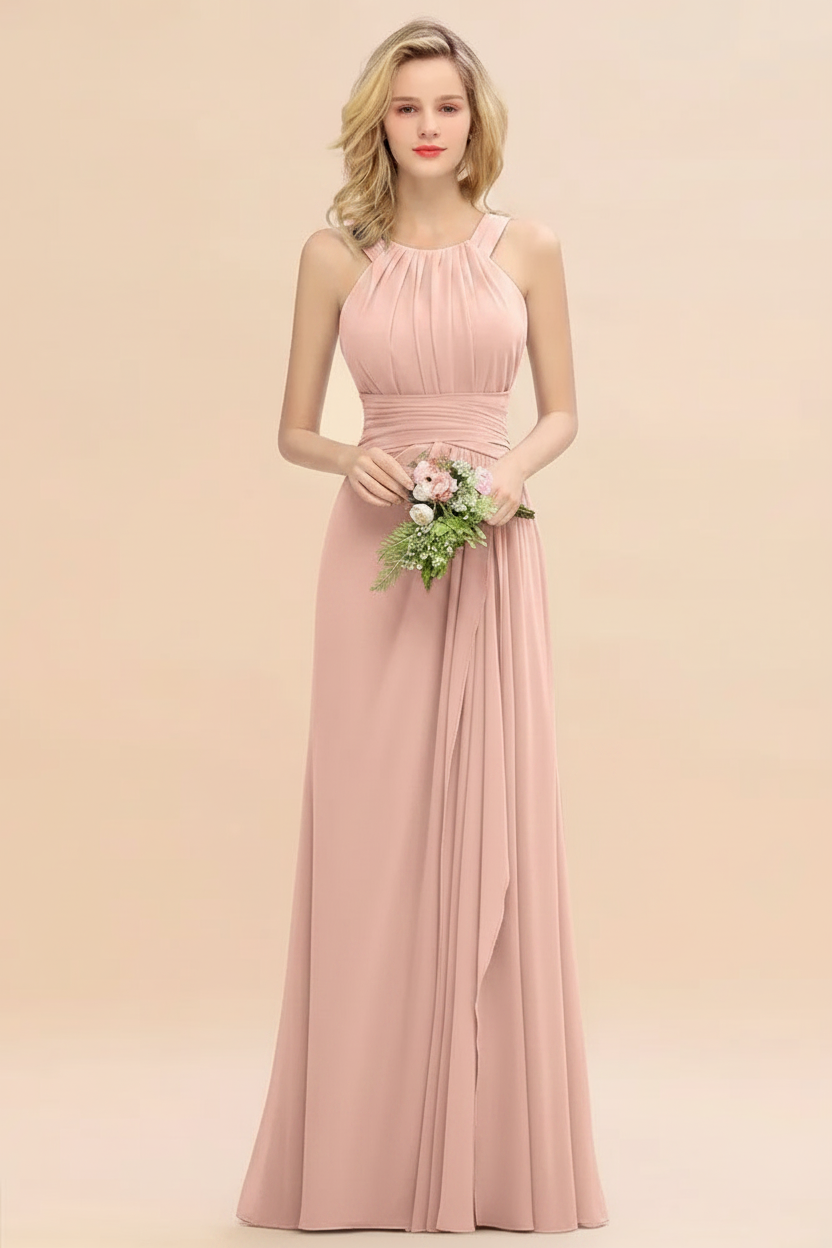blushing pink halter chiffon floor length bridesmaid dress