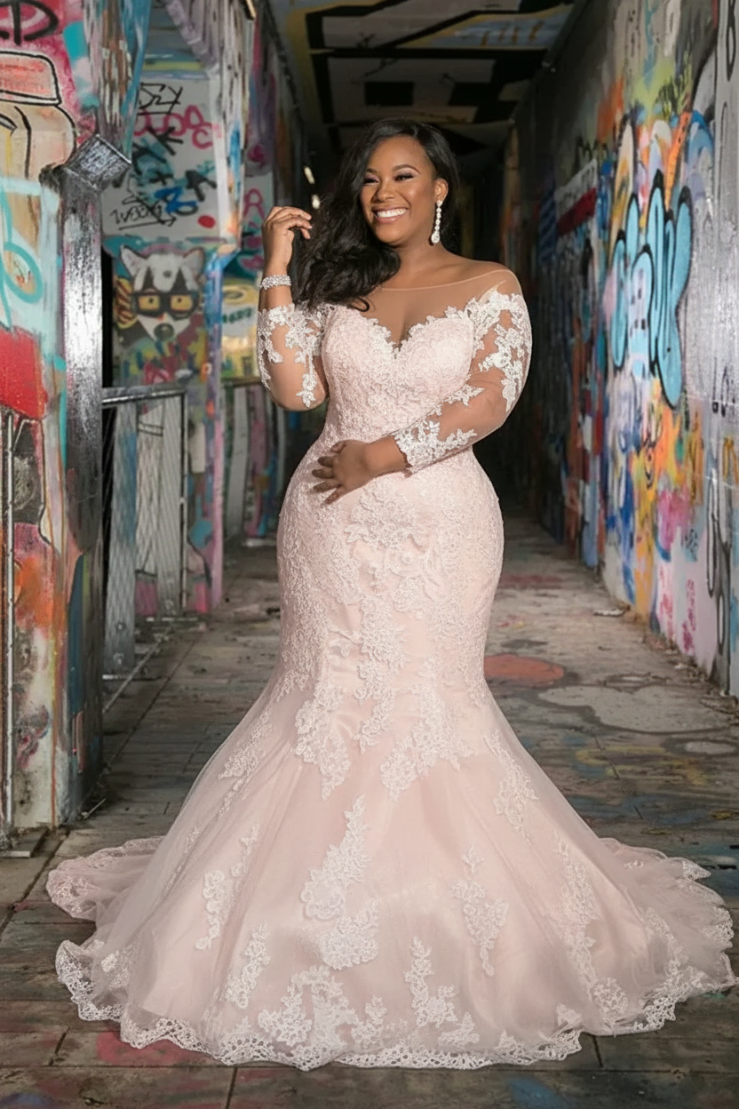 Long sleeves V-neck Plus size Mermaid Bridal gowns for Wedding
