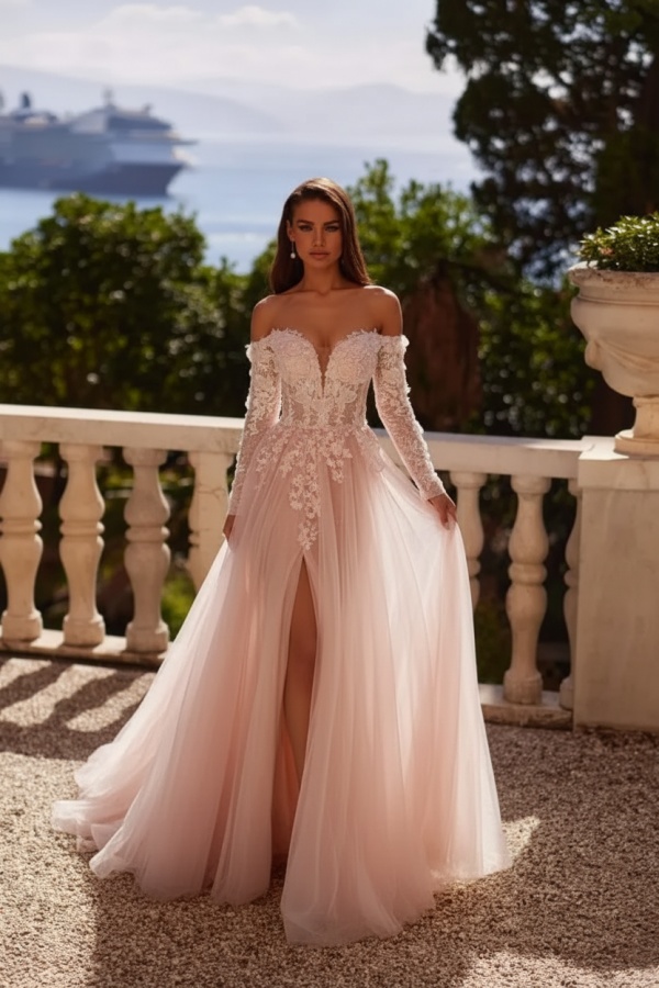 Off-the-Shoulder Long sleeves High Split Tulle Wedding Dresses with Appliques