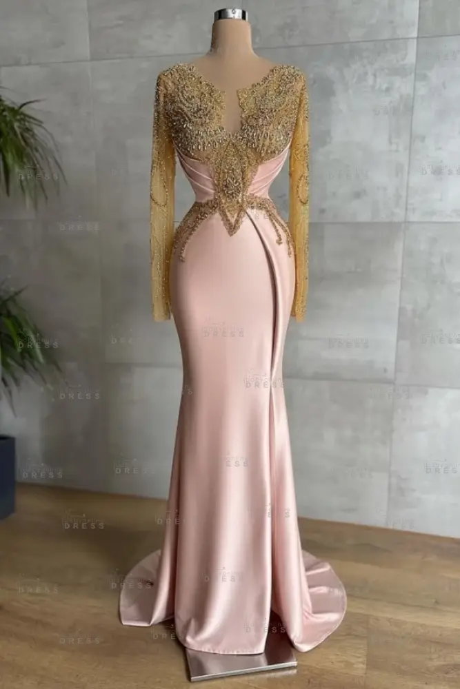 Gold Long sleeves Satin Mermaid V-neck Prom Dresses