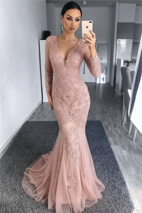 Charming Black Tulle Nude Lining Evening Dresses with Sleeves | Elegant Long Sleeve Beads Appliques Prom Dresses