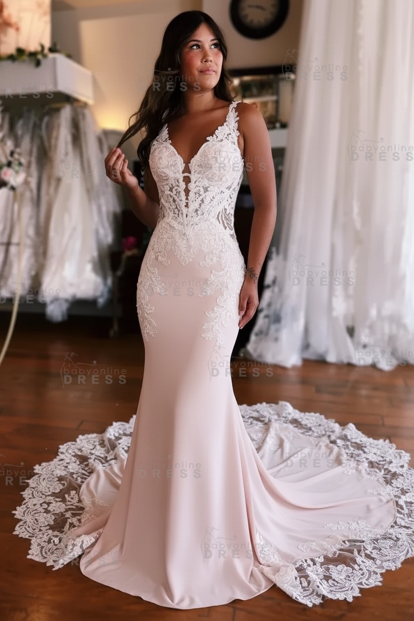 Lace Sleeveless Straps Mermaid Wedding Dress with Train