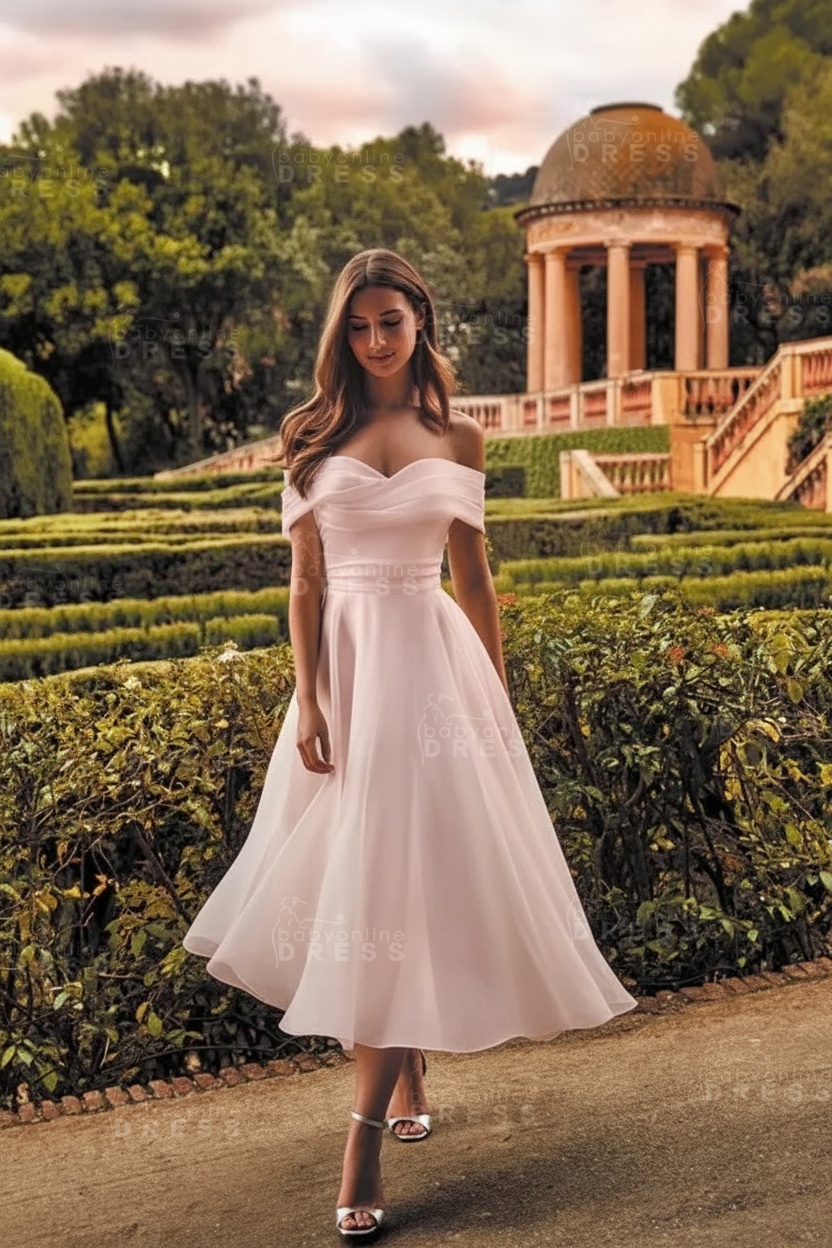 Off-the-Shoulder Tulle Tea Length Aline Wedding Dress Vintage Bridal Dress