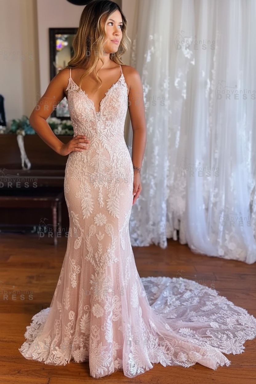 Elegant Sleeveless Floral Mermaid Bridal Gown V-neck Wedding Dress